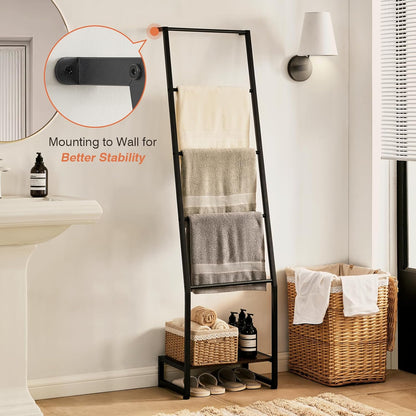 DGWJSU Blanket Ladder, 5 Tier Ladder Shelf,Wooden Blanket Ladders for Living Room and Bedroom, 5.2ft Blanket Holder Rack Farmhouse Ladder Rack for Storage and Home Decor, Rustic Brown and Black