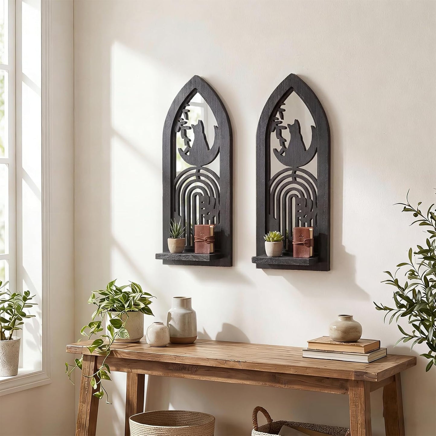 Wood Wall Sconce Candle Holder Set 2, Rustic Wall-Mount Candle Holders, Farmhouse Hanging Wall Décor, Carved Wood Frame, Mirrored Candle Holder (Distressed White)