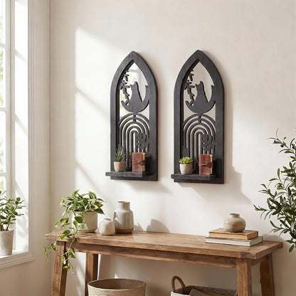 Wood Wall Sconce Candle Holder Set 2, Rustic Wall-Mount Candle Holders, Farmhouse Hanging Wall Décor, Carved Wood Frame, Mirrored Candle Holder (Distressed White)