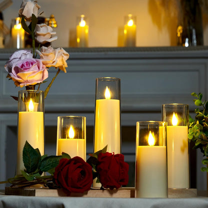 Amagic Pure White Flameless Candles, Battery Operated Candles, Acrylic Flickering LED Pillar Candles with Remote Control and Timer, 3D Wick, Yellow and Blue Glow, D2.2 xH5 5" 6" 7" 8", Set of 5