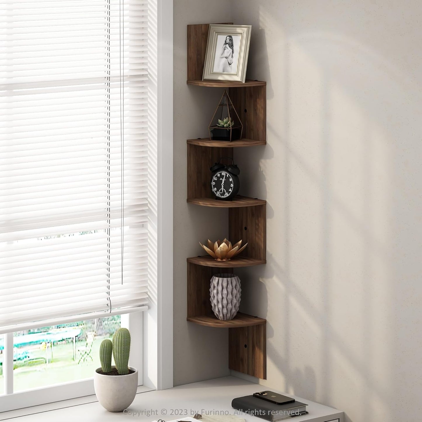 Furinno Rossi 5-Tier Wall Mount Floating Radial Corner Shelf, White