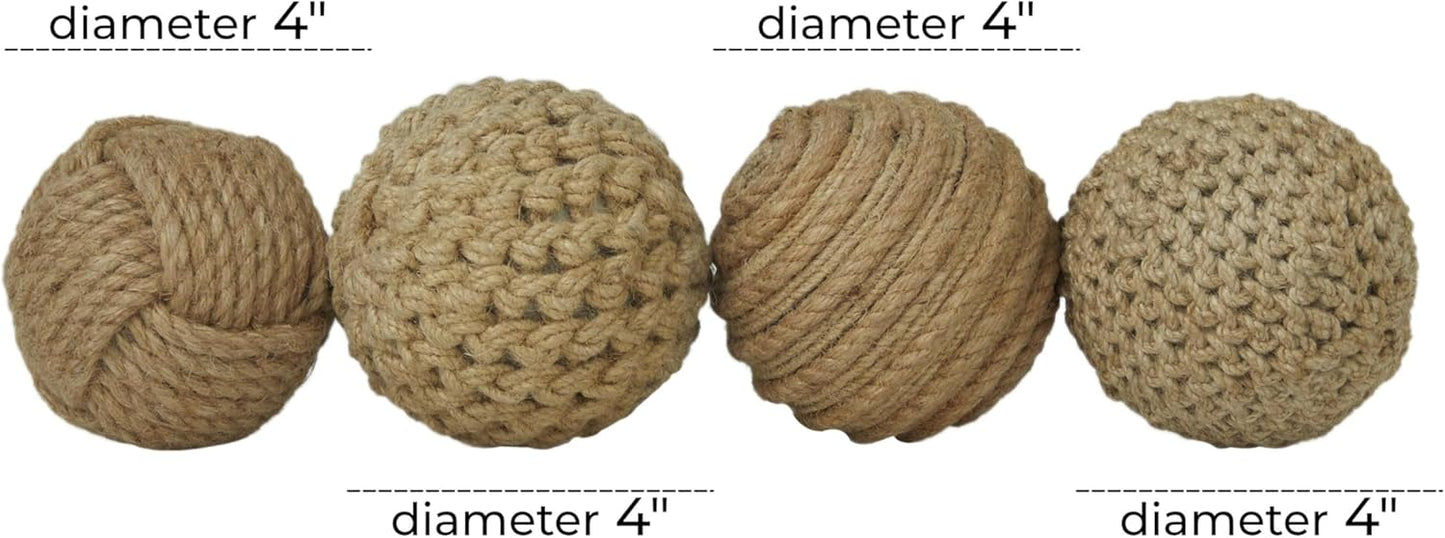Deco 79 Jute Rope Handmade Decorative Ball Orbs & Vase Filler with Varying Designs, Set of 4 4"W, 4"H, Brown