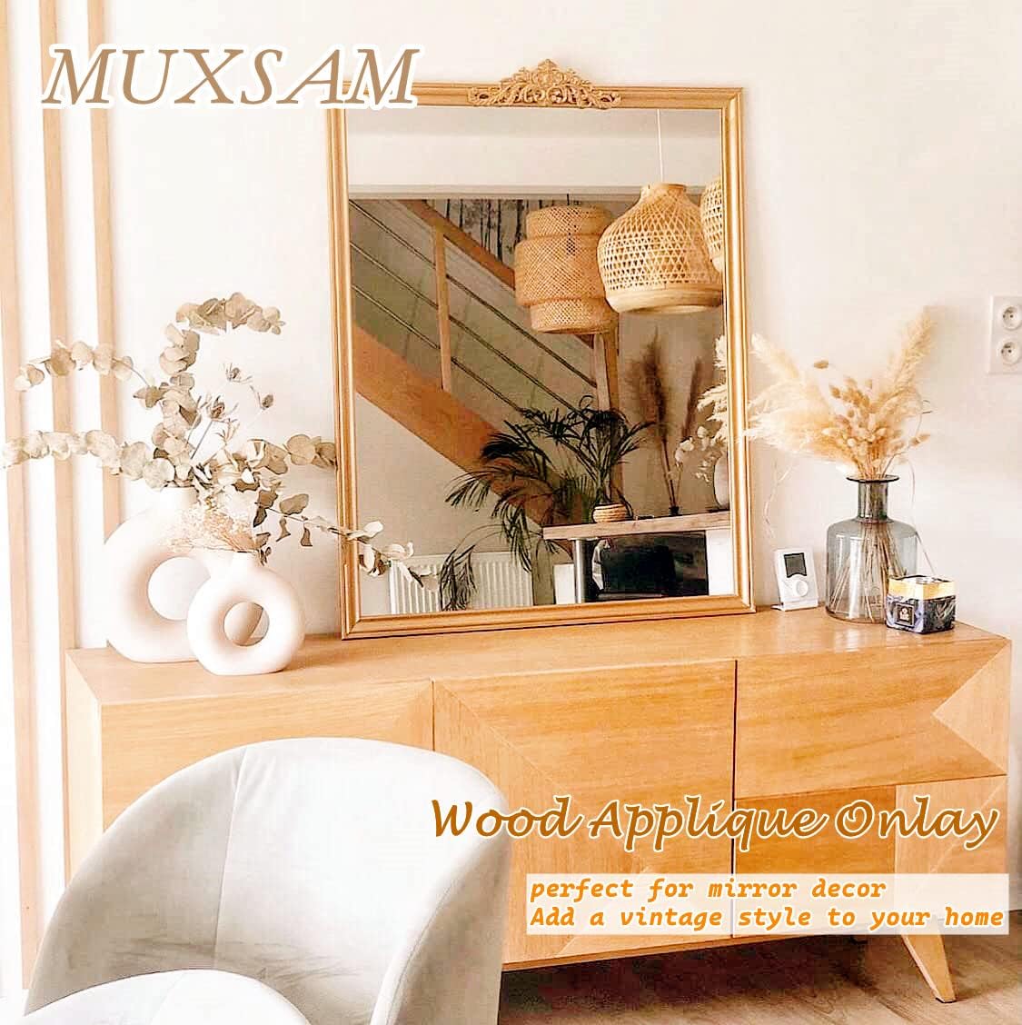 MUXSAM Long Wood Carved Appliques Onlays, 1-Pack Unpainted Decorative Corner Carving Decals Set for Wall Door Cabinet Mirror Closet Wardrobe Dresser Mantel Staircase DIY Project, 30x8cm/11.81"x3.15"
