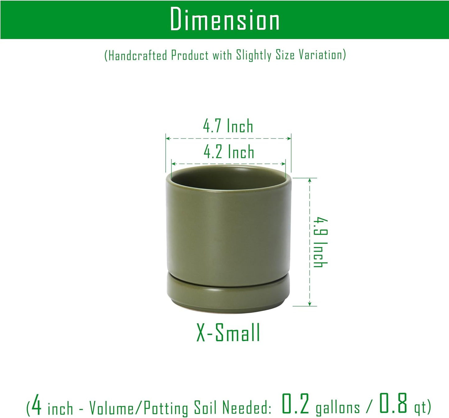 D'vine Dev 6.5 Inch Ceramic Planter Pot with Drainage Hole and Saucer, Indoor Cylinder Round Planter Pot, Olive, 94-O-C-J