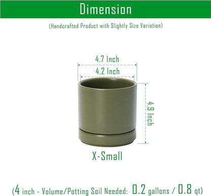 D'vine Dev 6.5 Inch Ceramic Planter Pot with Drainage Hole and Saucer, Indoor Cylinder Round Planter Pot, Olive, 94-O-C-J