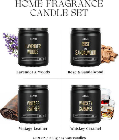 AOOVOO Scented Candles for Men - 4 Pack Candles for Home Scented, 36oz Soy Wax, 200 Hour Burn Time, Men Candle Set, Sandalwood Oud/Mahogany Teakwood/Smoke Vanilla/Jasmine Candle Set A