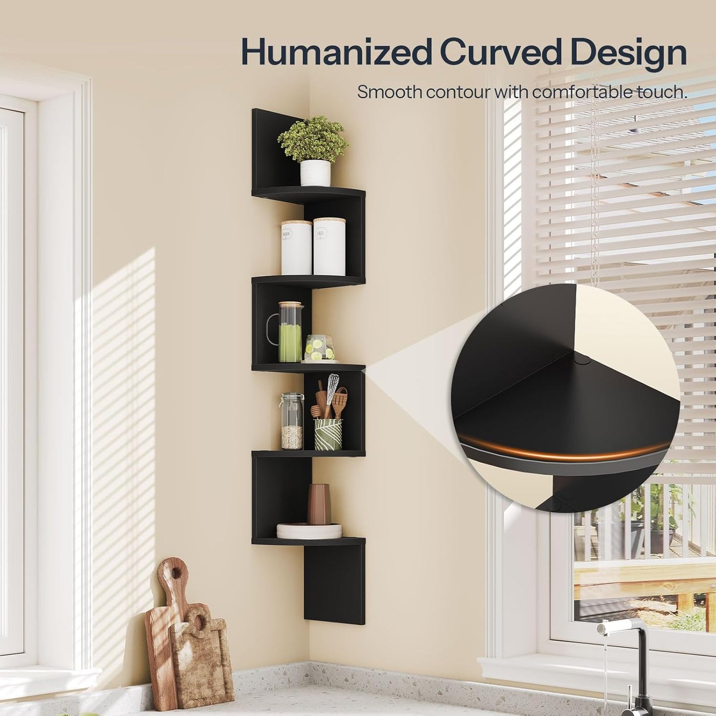 HOOBRO Corner Shelf Wall-Mounted, Set of 2 Floating Corner Shelves for Wall, 4-Tier Corner Bookshelves for Living Room, Bedroom, Bathroom, Home Office, Black BK25BJP201