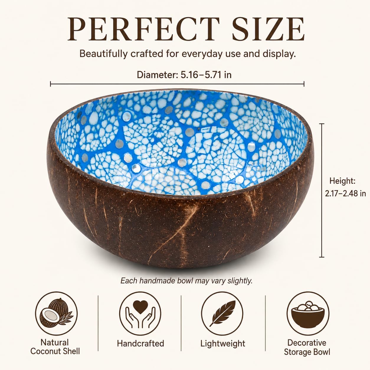 ChezMax Natural Coconut Bowl with Mother of Pearl Inlays - Key Bowl & Fruit Snack Holder (Blue-Gold)