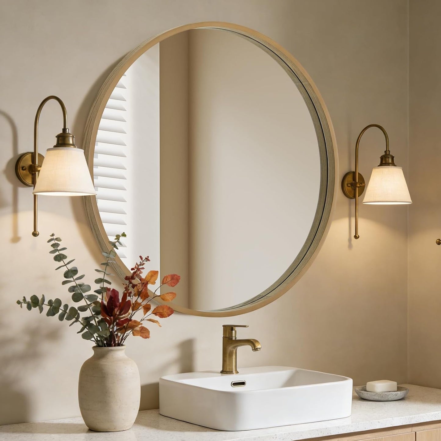 WallBeyond Wood Round Mirror with Wood Frame 24 inch Circle Wall Mirror for Bathroom Round Wall Mirror for Wall Decor, Vanity, Entryway Living Room (Walnut)