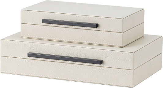 Set of 2 Beige Shagreen Decorative Storage Boxes with Gold Metal Handles – Faux Leather Jewelry & Memory Boxes, Nesting Photo Organizers for Home Decor