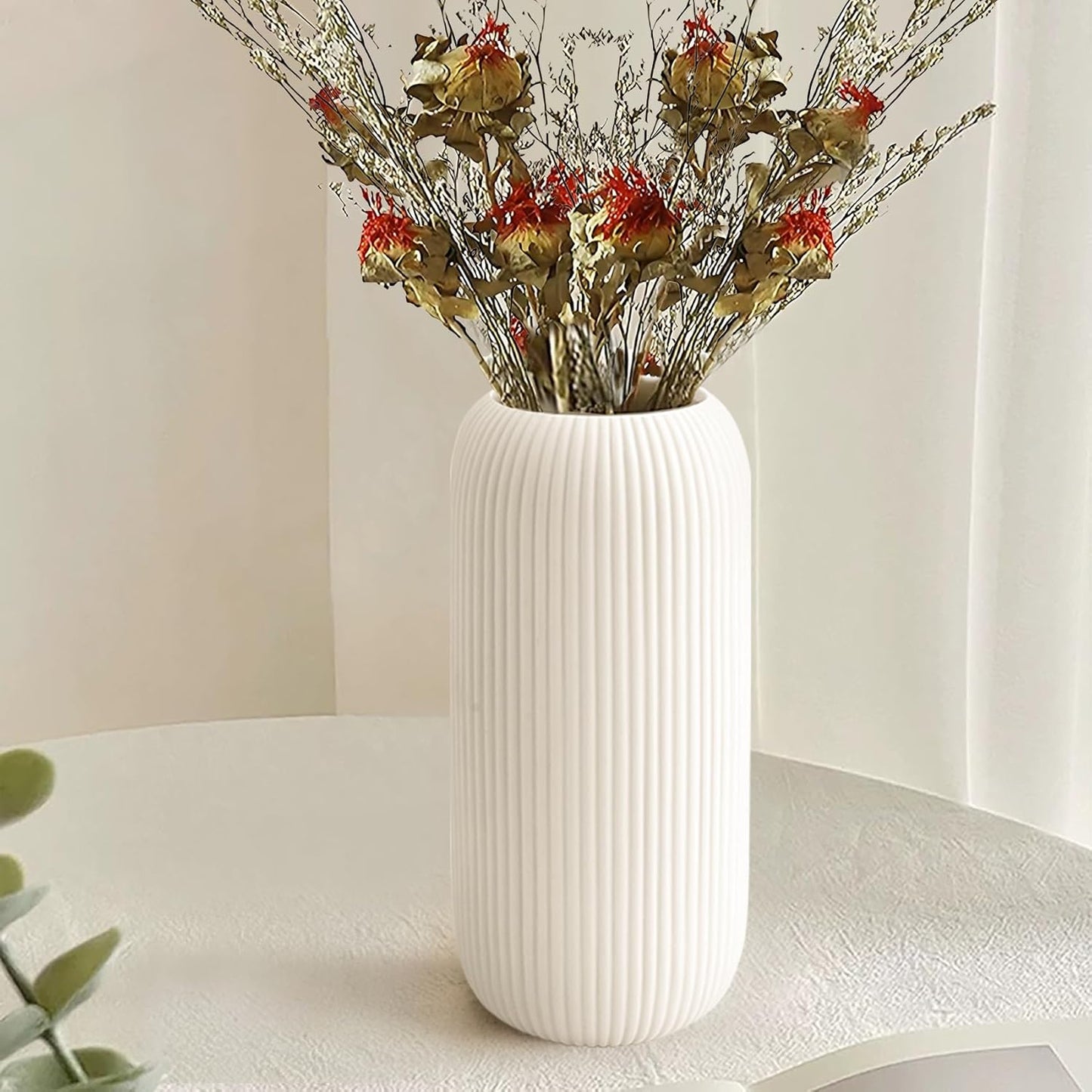 Ceramic Vase for Flowers – Modern Small Ribbed Textured Flower Vase for Home Decor, Pampas Grass, Decorative, Farmhouse, Coffee Table, Kitchen Centerpieces, Bookshelf and Home Living (White)