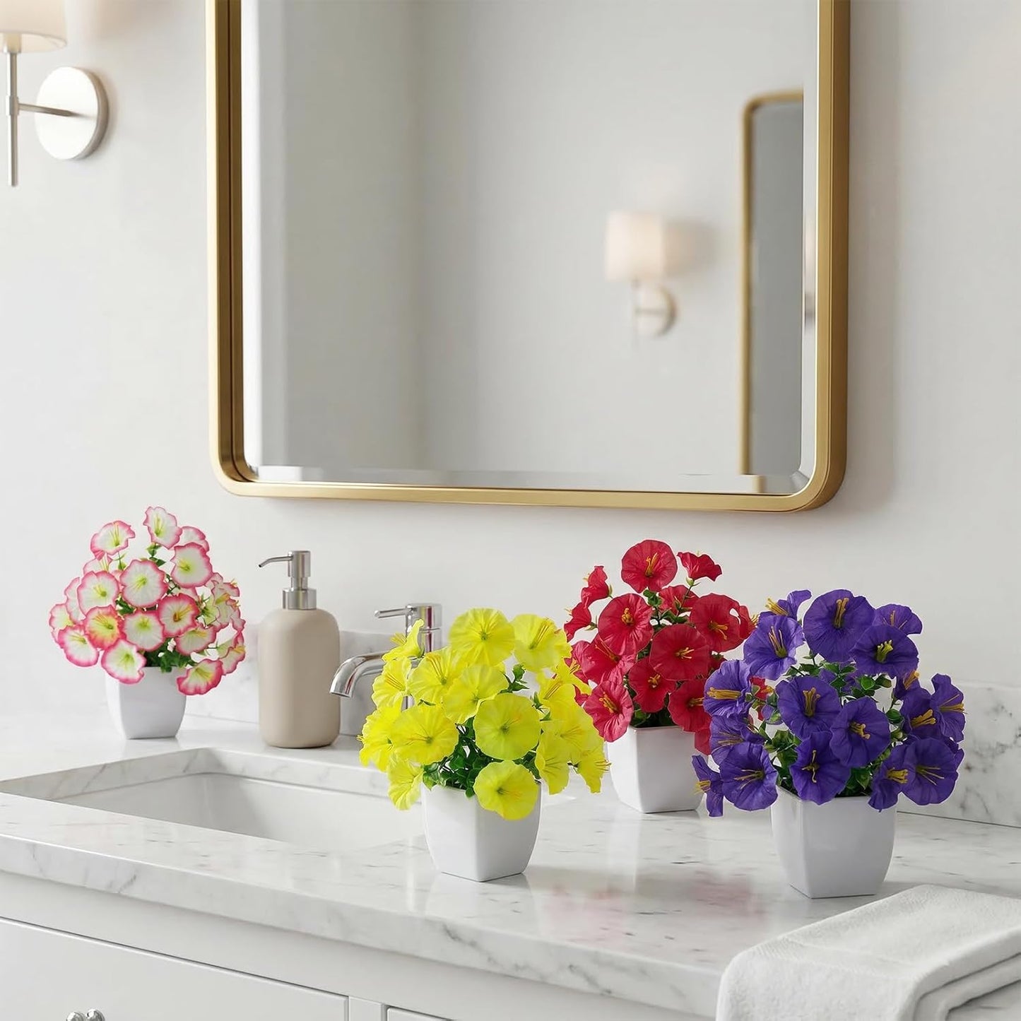 LOYWREE 4 Pack Small Artificial Mums Flowers in White Pots, Fake Mini Potted Plants, Spring Floral Decor for Home Bathroom Shelves Office Desk Table Centerpiece Indoor Decoration