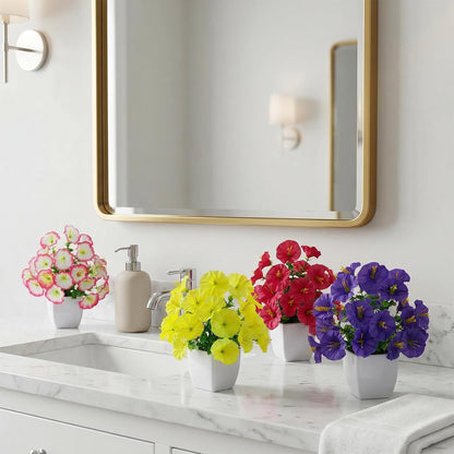 LOYWREE 4 Pack Small Artificial Mums Flowers in White Pots, Fake Mini Potted Plants, Spring Floral Decor for Home Bathroom Shelves Office Desk Table Centerpiece Indoor Decoration