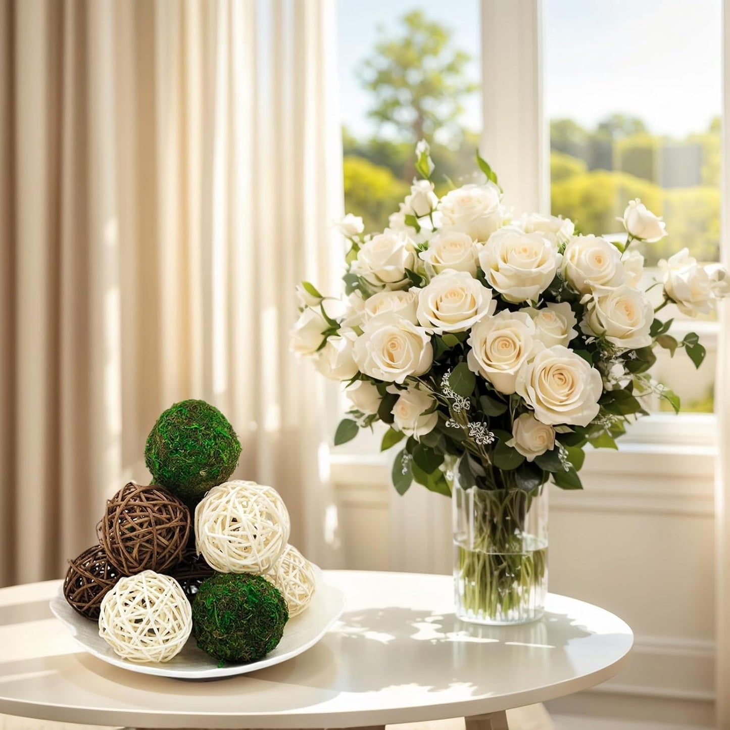 15pcs Decorative Balls for Vase Centerpiece Bowls Orbs Filler Table Decor, 2.4 in Wicker Rattan Balls and Moss Balls Set(Green + Brown + White)