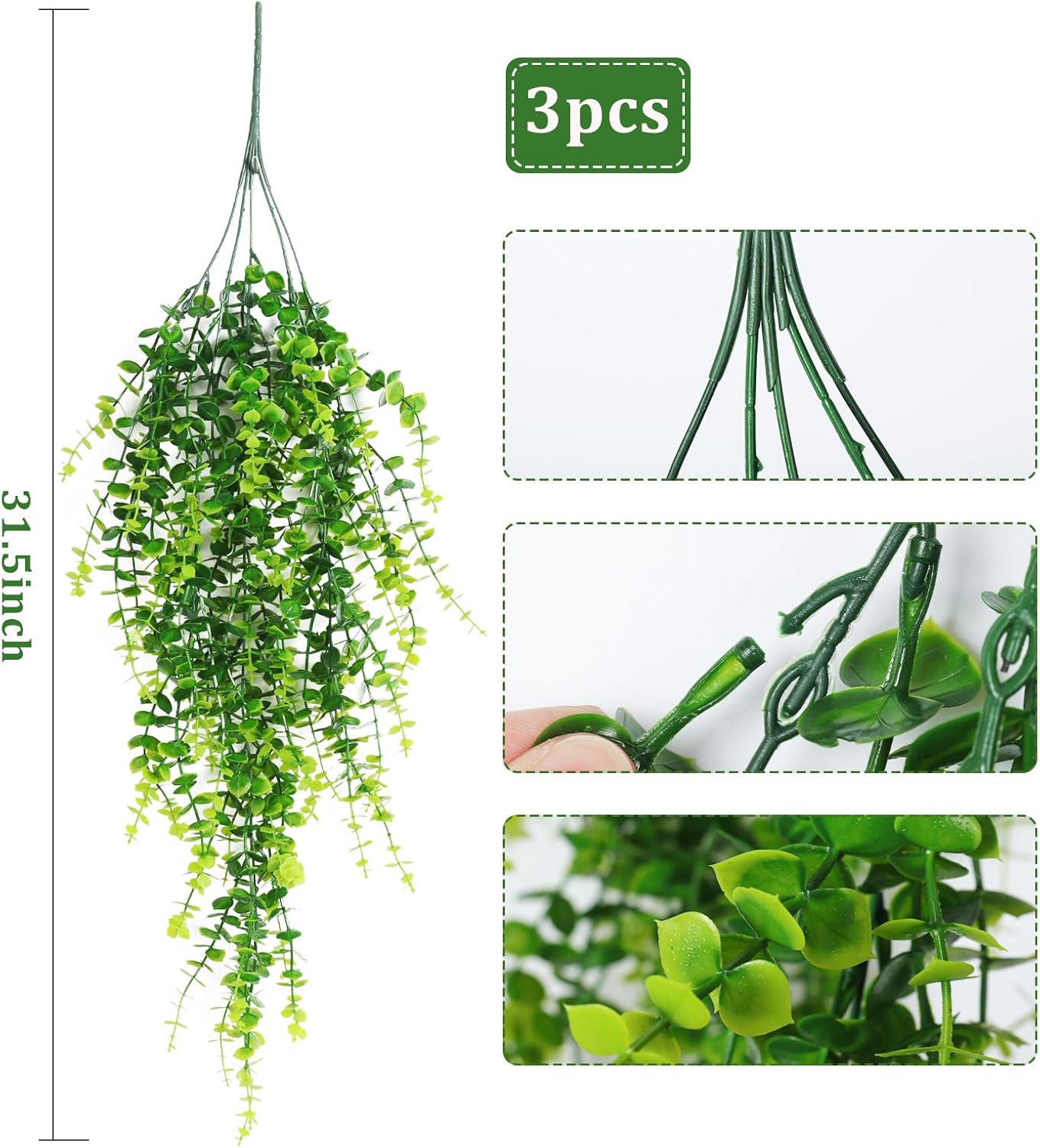 RECUTMS Artificial Hanging Plants Fake Hanging Plant Faux Eucalyptus Leaf Greenery Vine Outdoor UV Resistant Plastic Plants Home Garden Wedding Party Indoor Outdoor Decorations(White)