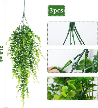 RECUTMS Artificial Hanging Plants Fake Hanging Plant Faux Eucalyptus Leaf Greenery Vine Outdoor UV Resistant Plastic Plants Home Garden Wedding Party Indoor Outdoor Decorations(White)