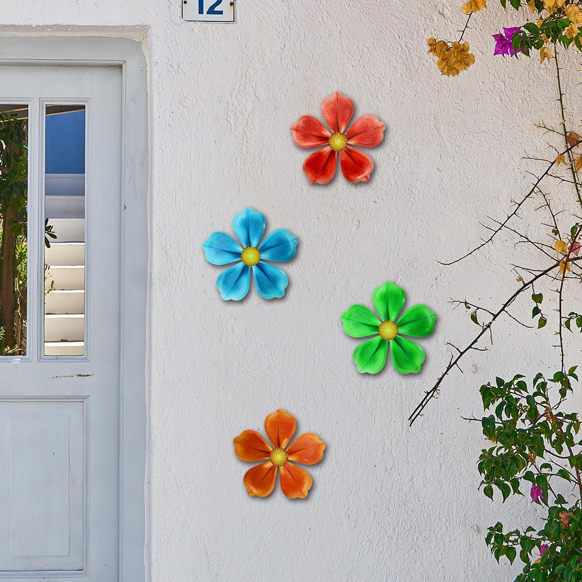 Giyyomtr Metal Flowers Wall Decor - 4pcs 6.2'' Metal Wall Art Hanging Decorations for Outdoor Fence Garden Yard Patio Exterior Wall Decor