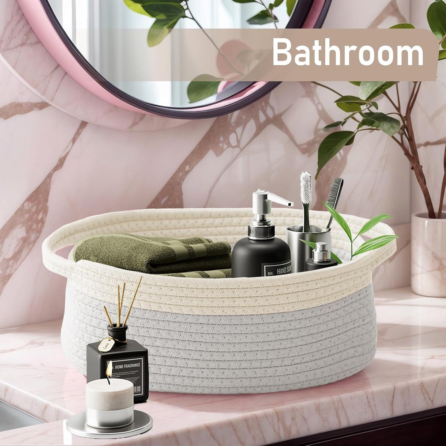 JMvicyroam Woven Basket,Small Rope Storage Bin with Handles & Ribbon Bag, Organizer for Shelves Closets,Gift Basket Empty for Birthday,Books,Dog Toys,White