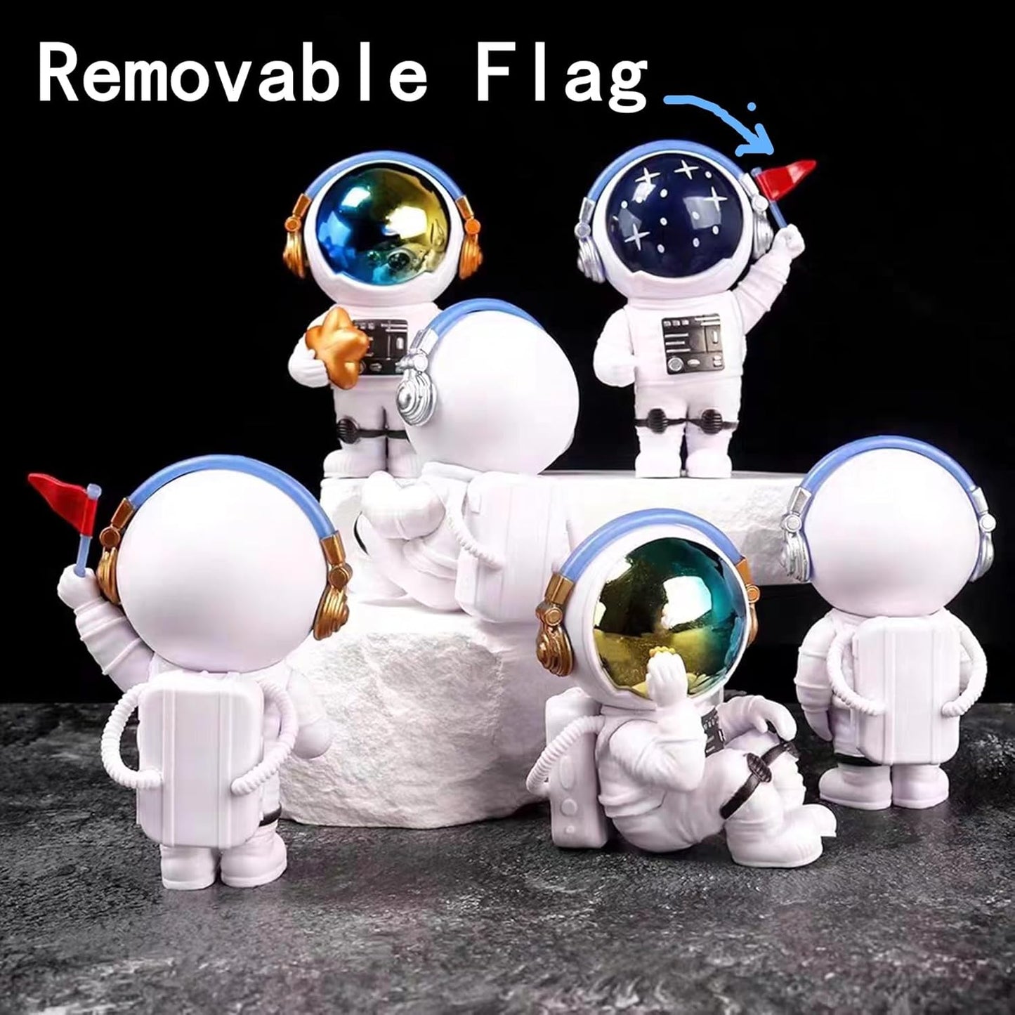 Blue White Astronaut Statues Set of 4, Spaceman Sculpture Figurines Outer Space Theme Decor for Nursery Room Cake Topper