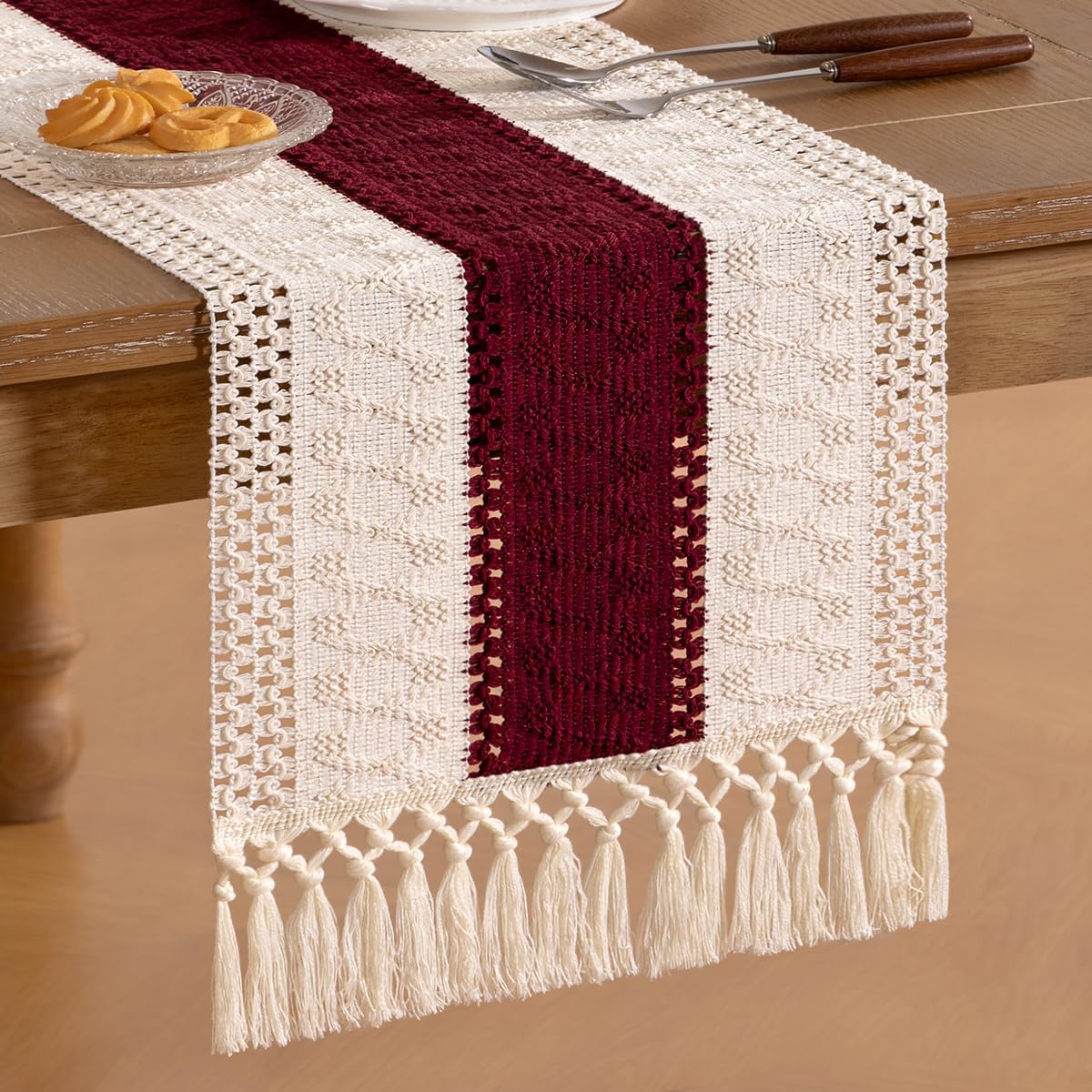 Socomi Boho Table Runner Summer Farmhouse Rustic Dining Kitchen Centerpiece Decor Small Macrame Woven Cotton Linen Coffee Table Runner for Dresser Scarf Home Decor 12x36 inch Beige