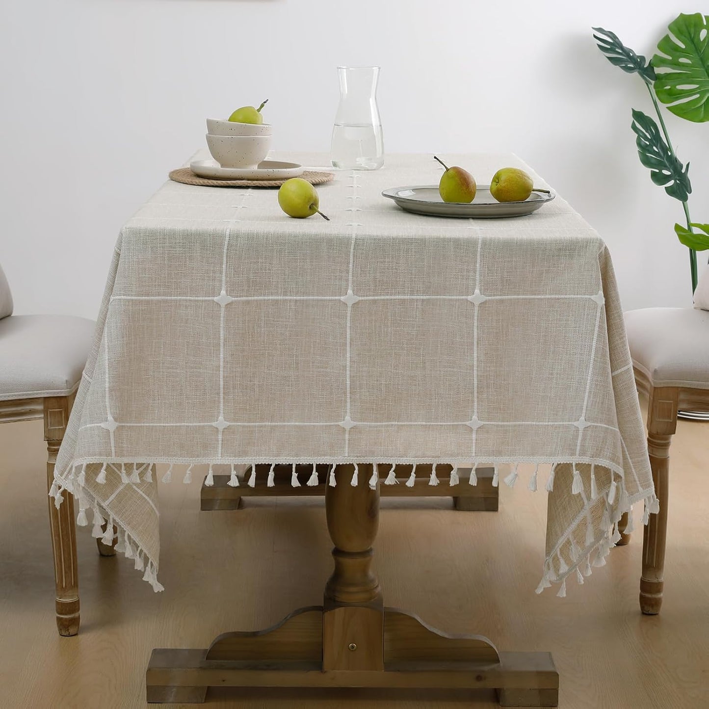 Softalker Outdoor Tablecloth Rectangle, Waterproof Linen Cotton Farmhouse Table Cloths with Tassel, Heavy Weight Wrinkle Free Boho Table Cover for Picnic Camping Dining - 55 x 70 Inch, Coffee Lines