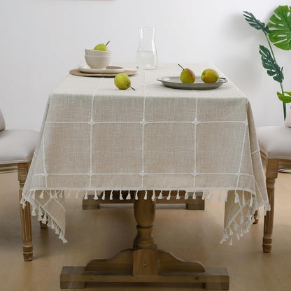 Softalker Outdoor Tablecloth Rectangle, Waterproof Linen Cotton Farmhouse Table Cloths with Tassel, Heavy Weight Wrinkle Free Boho Table Cover for Picnic Camping Dining - 55 x 70 Inch, Coffee Lines