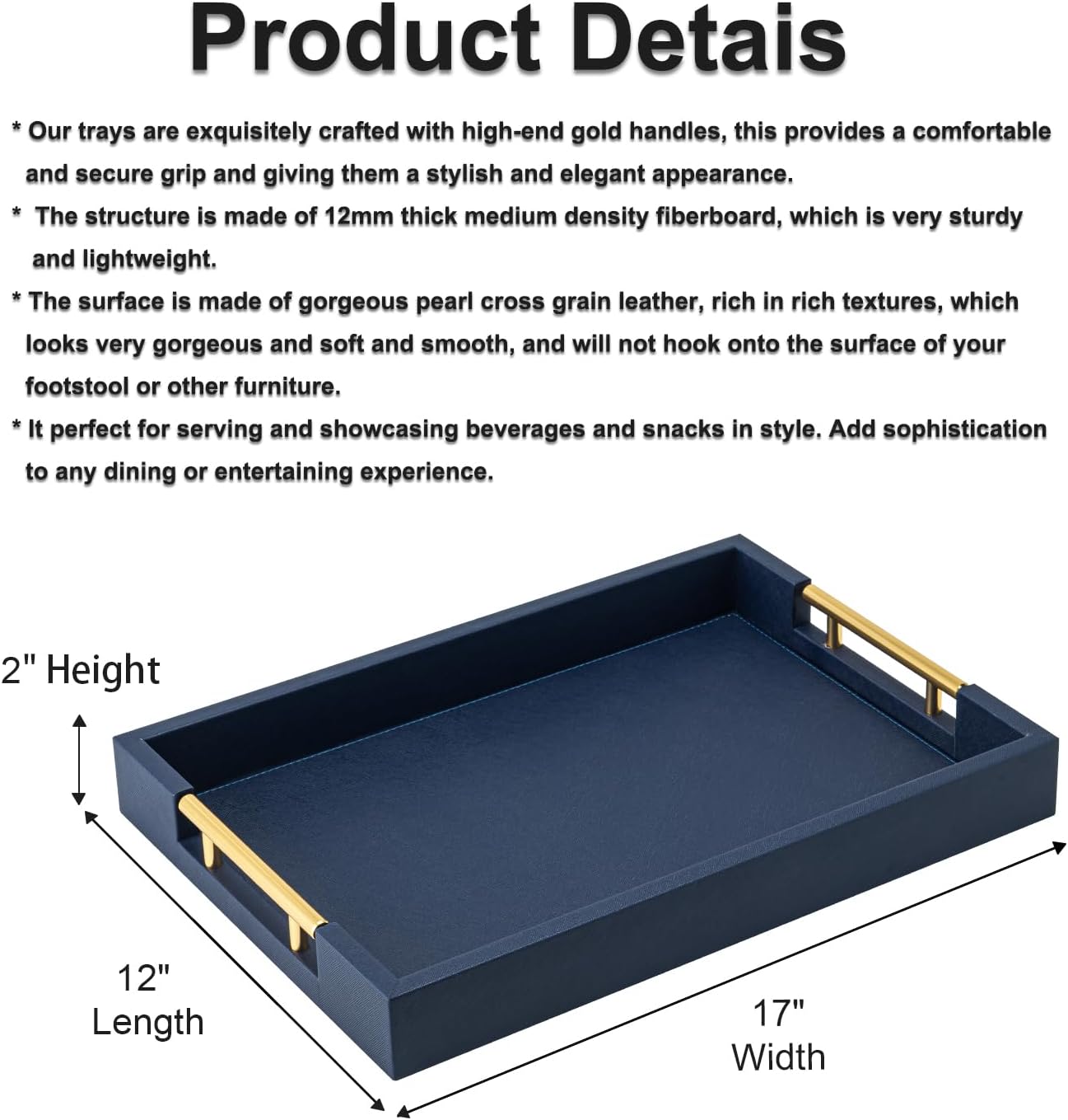 Beige Faux Leather Serving Tray with Handles – Large Decorative Tray for Coffee Table, Ottoman, Living Room, Bathroom – Home Decor