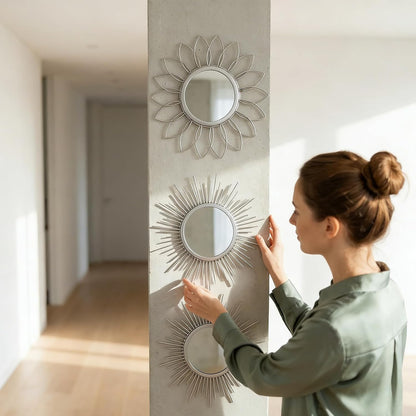 Boho Sunburst Wall Mirror Set of 3, 12 Inch Round Antique & Modern Metal Wall Art, Hanging Over The Door Mirrors for Wall Decor in Living Room, Bedroom, Bathroom, Entryway（Gold）