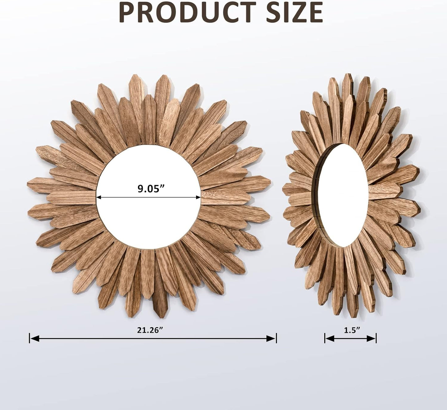 Honiway Wall Mirror Decorative 12 inch Rustic Wood Mirror Sunburst Boho Mirror for Entryway Bedroom Living Room Bathroom House Warming Gifts New Home Essential Carbonized Black