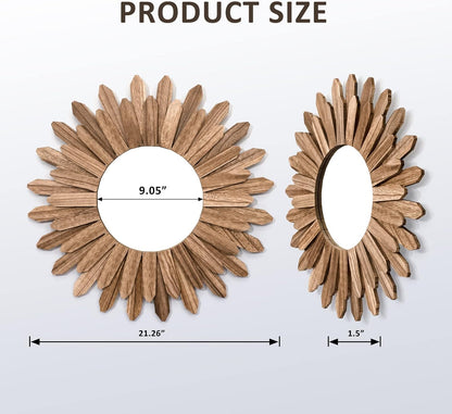 Honiway Wall Mirror Decorative 12 inch Rustic Wood Mirror Sunburst Boho Mirror for Entryway Bedroom Living Room Bathroom House Warming Gifts New Home Essential Carbonized Black