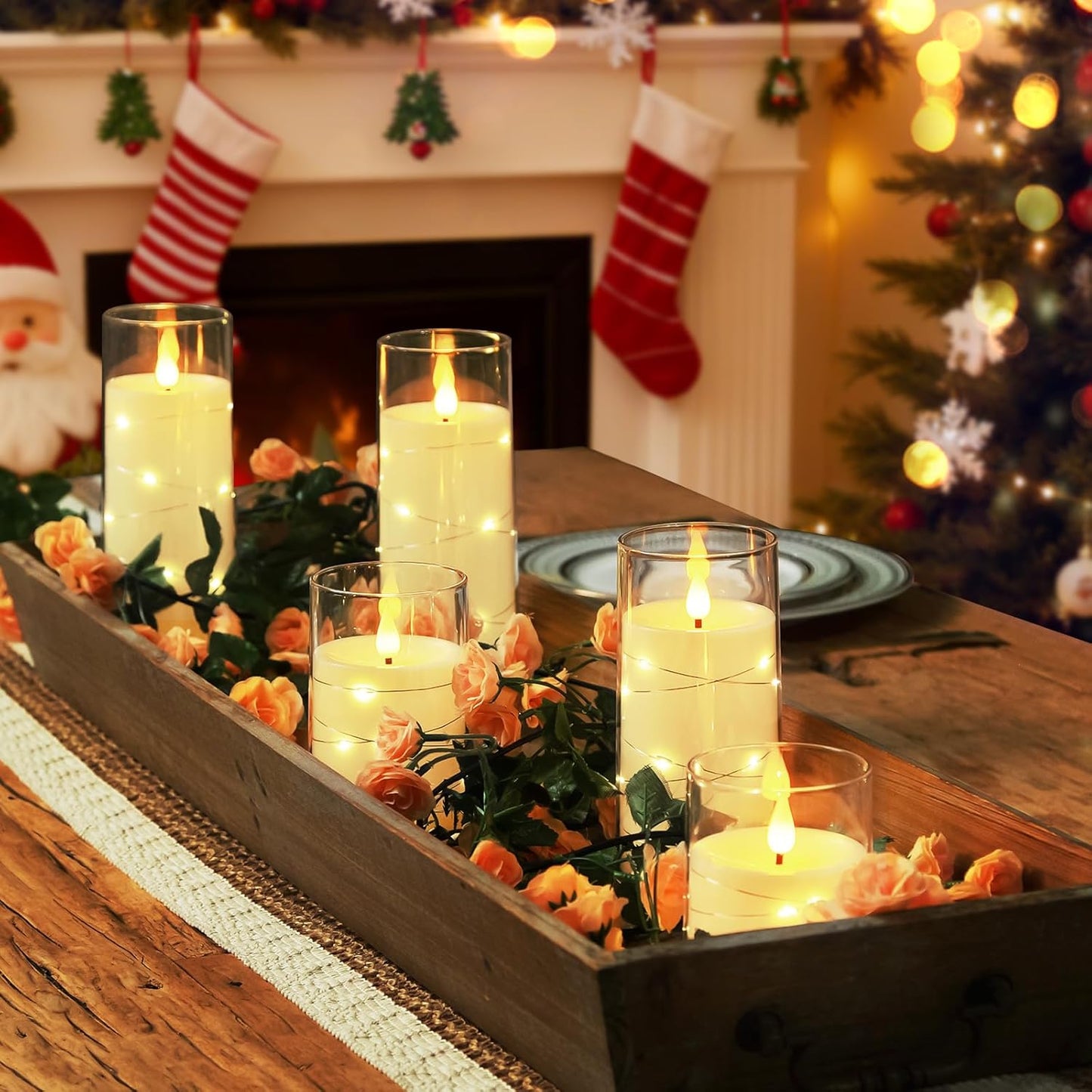 Homemory Flameless Candles with Embedded Star String Fairy Lights, Battery Operated Candles, LED Candle, Fake Candles with Remote Control and Timer for Halloween, Gray Acrylic, Set of 5(H4"5"6"8"8")