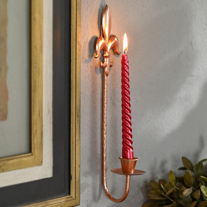 Fleur De Lis Wrought Iron Candle Sconces Set of 2, Rustic Candle Holders Hanging for Living Room Farmhouse Fireplace Wedding (Antique Copper)