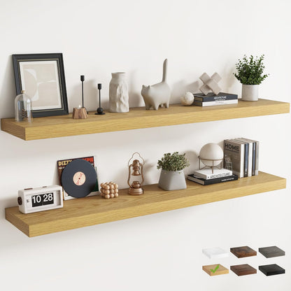 72 Inch Long Floating Shelves for Wall Set of 2, 12"D Wood Grain Bathroom Shelves with Invisible Brackets, Easy Install Engineered Wood Storage Shelves for Kitchen, Living Room, Bedroom, Black Finish