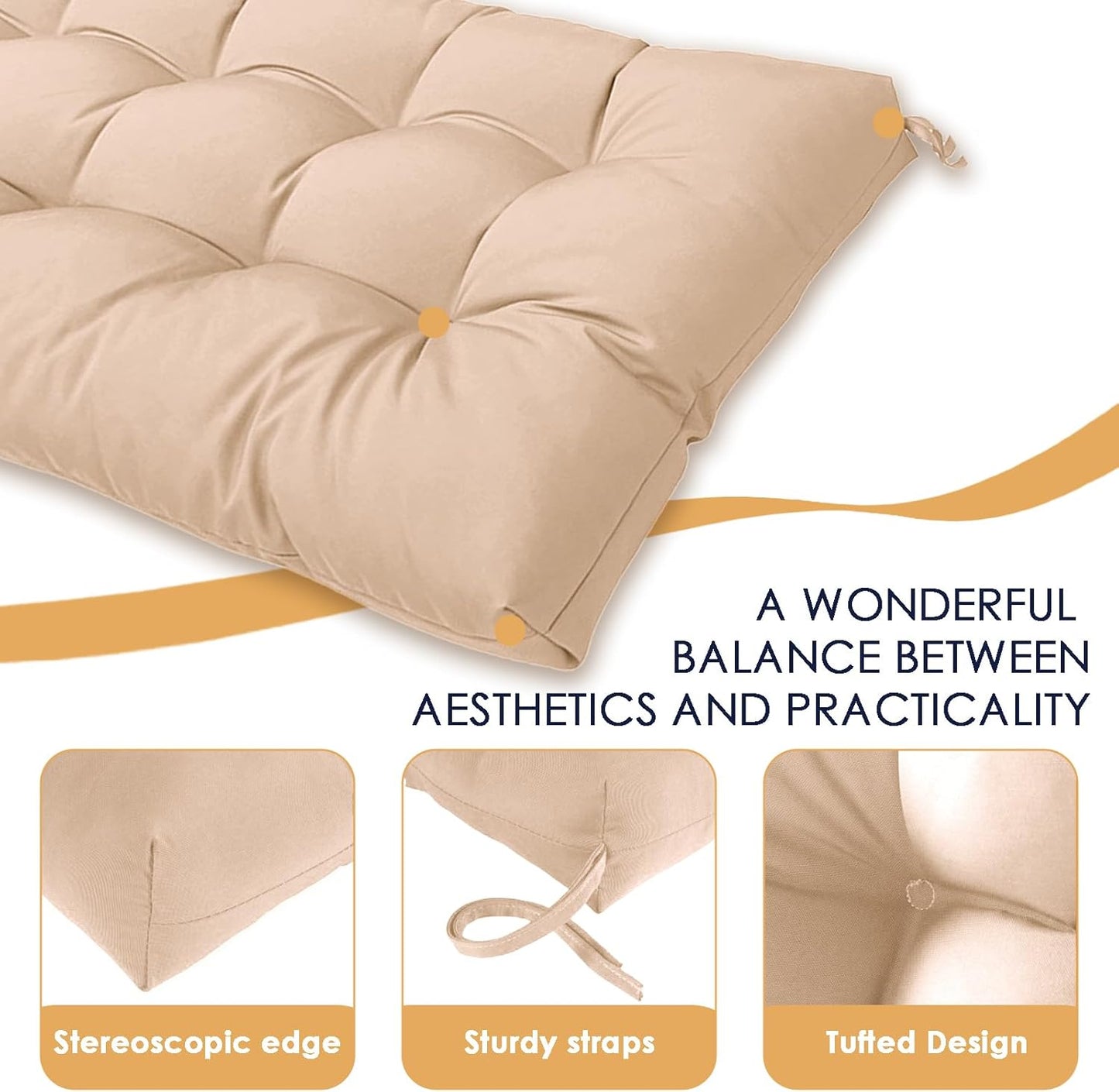 MTMR Outdoor Bench Cushion-44X19 Water-Repellent Tufted Porch Swing Cushions with High Elasticity PP Cotton and Ties Fade-Resistant Patio Outdoor Chair Cushion for Bench Furniture, Indoor Seat Cushion