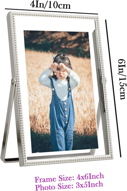 Gold 6x8'' Floating Photo Frame 2 Pack, Beaded Metal Frame Fits 3.5x5'', 4x6'' & 5x7'' Pictures, Adjustable Tabletop & Shelf Display, Elegant Wedding Gift for Home Decor