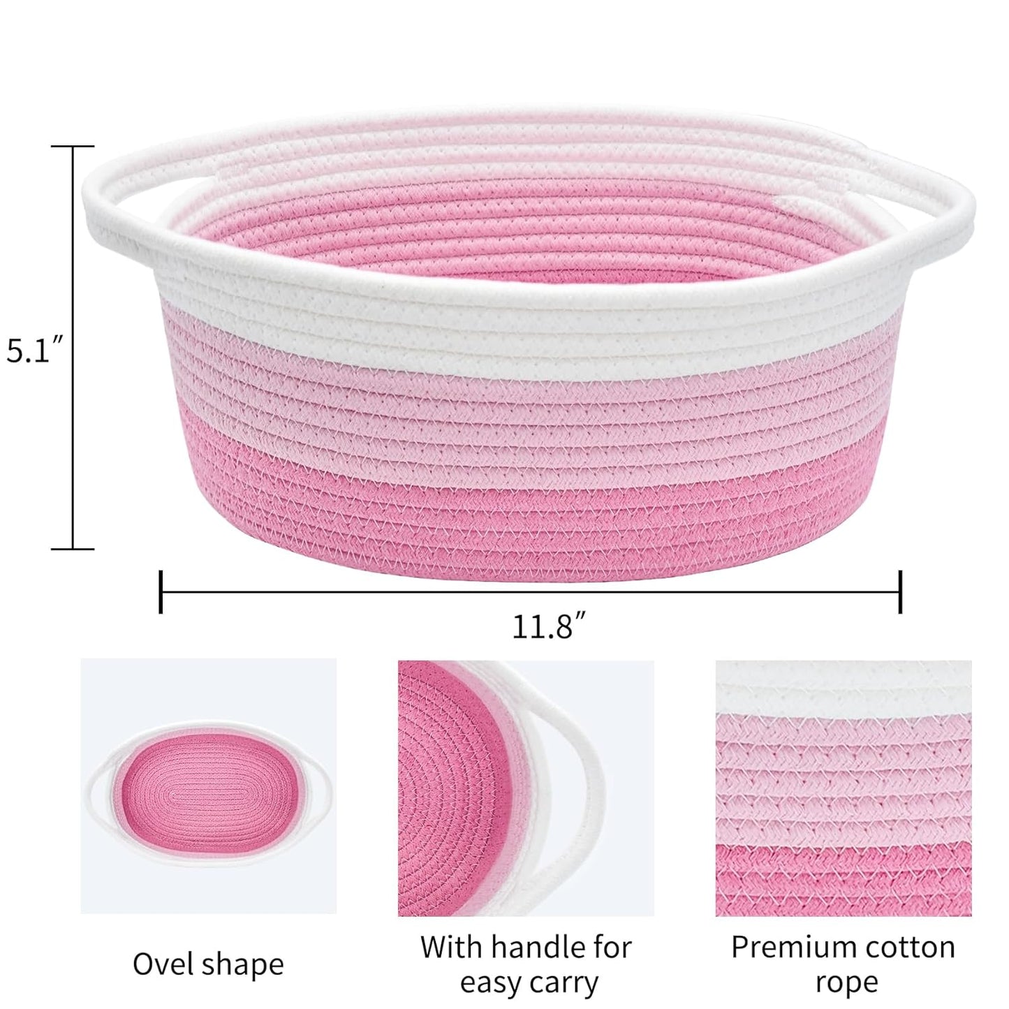 ABenkle Small Basket with Handles, Boho Decorative Rope Woven Dog Cat Toy Storage Bin Shelf Storage Organizer, Easter Christmas Gift Basket, 12"x8"x5", White