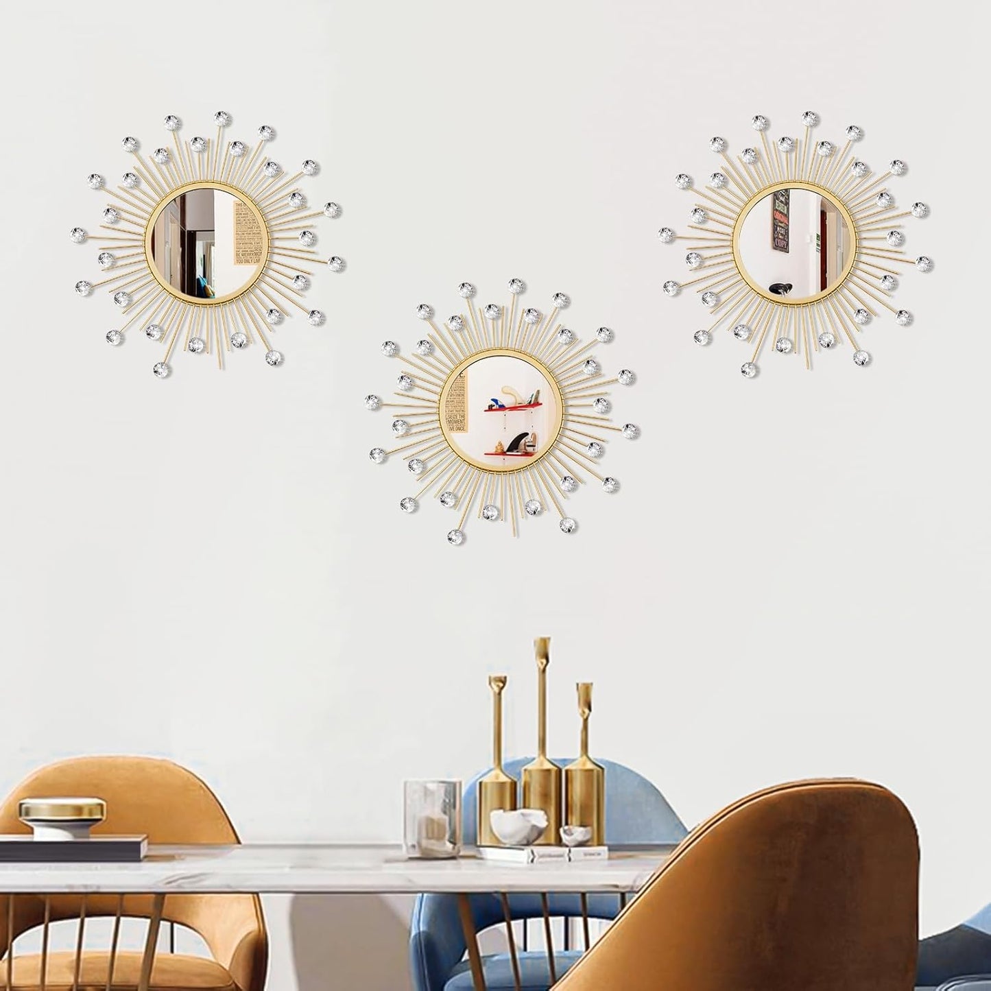 3 Pack Metal Mirrors for Wall Sunburst Wall Mirrors Home Décor Decorative Hanging Wall Art for Living Room Bedroom Entryway (Gold, Flower+Sunburst)