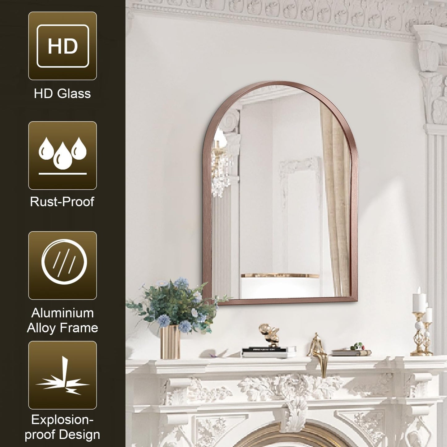 Black Arched Mirror, Modern Bathroom Wall Mirror Aluminum Alloy Framed Mirror Brushed Metal Vanity Wall Mounted Mirror for Livingroom Bedroom Entryway Room 16"x12"