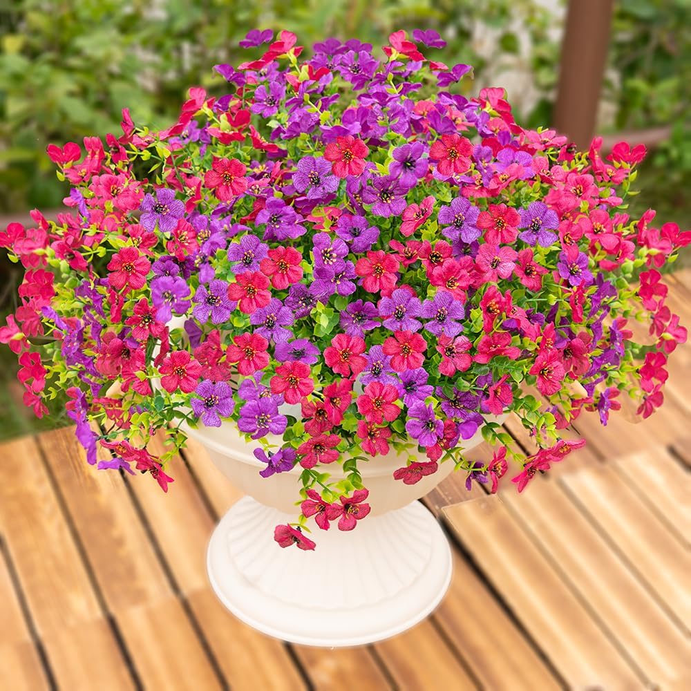 16 Bundles Artificial Fake Flowers Plants for Outdoors Spring Summer Decor,Faux Flowers Plant Silk Daisy UV Resistant for Outside Planters Front Porch Patio Yard Garden Home(Red,Purple,Yellow,Fuchsia)