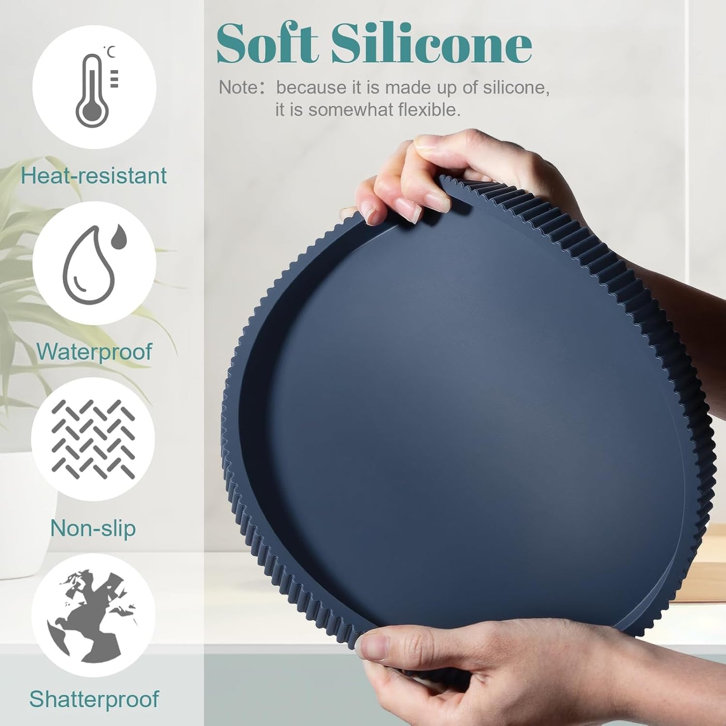 Silicone Bathroom Tray Round Kitchen Counter Organizer Decorative Vanity Accessories Coffee Table Decor for Perfume, Candle, Soap Dish, 9 Inch, Black
