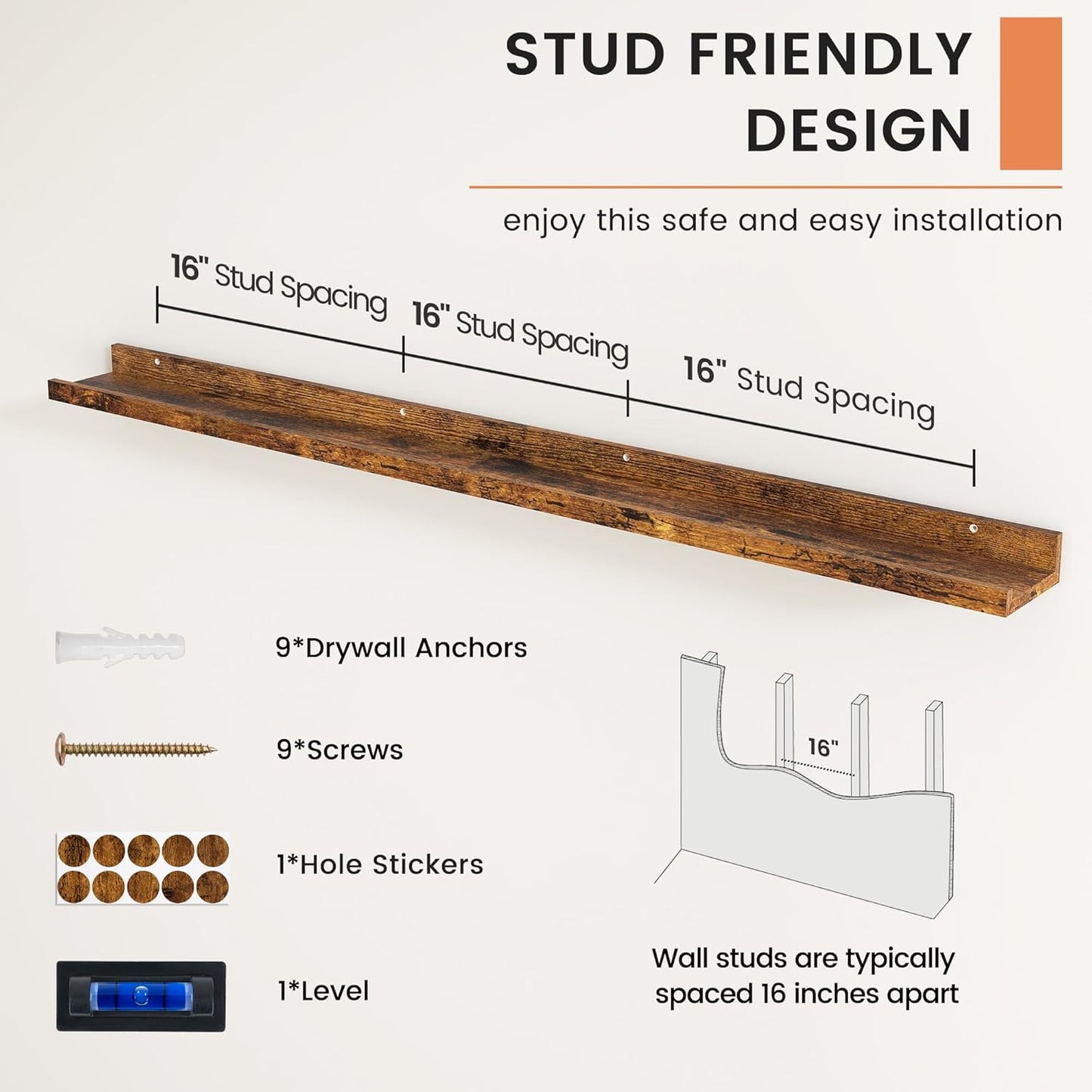 FLYJOE Picture Ledge Shelf, Floating Shelves Set of 2, 48 Inches Long Large Nursery Book Shelves for Toys Storage, Kids Bookshelf Wall Mounted for Living Room Bedroom Decor Books Photo Frames, Walnut
