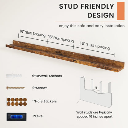 FLYJOE Picture Ledge Shelf, Floating Shelves Set of 2, 48 Inches Long Large Nursery Book Shelves for Toys Storage, Kids Bookshelf Wall Mounted for Living Room Bedroom Decor Books Photo Frames, Walnut