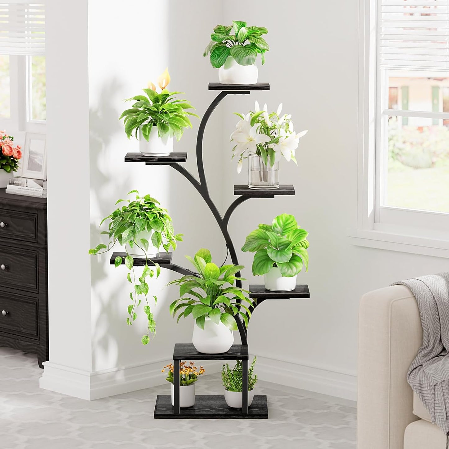 BACEKOLL Plant Stand Indoor with Grow Lights, 7 Tiered Indoor Plant Shelf, 49" Corner Plant Stands for Indoor Plants, Metal Plant Flower Display Shelf, Tree-Shaped Plant Rack for Home, Patio, Brown