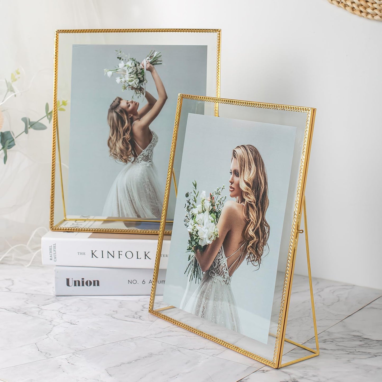 Gold Floating Picture Frame Set of 2, 10"x12" Glass Pressed Flower Picture Frames, Tabletop Standing Glass Floating Frame for 8x10 Photo Display