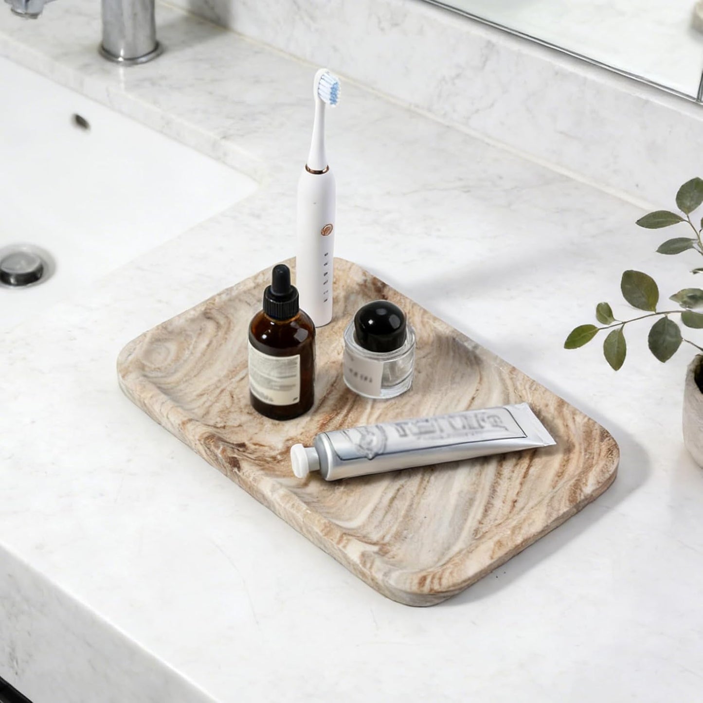 Koville Romano Travertine Tray, 12"x8" Natural Stone Vanity Tray for Countertop Bathroom Kitchen Dresser, Decorative Marble Catchall Trays for Perfume Jewelry, Rectangular Serving Tray(Beige)