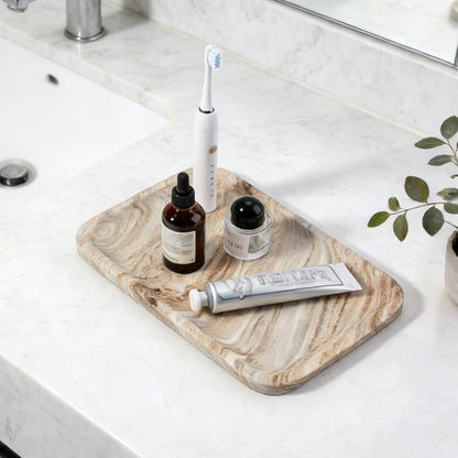 Koville Romano Travertine Tray, 12"x8" Natural Stone Vanity Tray for Countertop Bathroom Kitchen Dresser, Decorative Marble Catchall Trays for Perfume Jewelry, Rectangular Serving Tray(Beige)