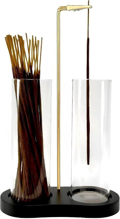 Incense Holder,2 in 1 Incense Sticks Burner Holder with Storage,Hang Upside Down Incense Holder for Sticks with Glass Ash Catcher for Meditation Yoga Spa Room Decor (Brown)