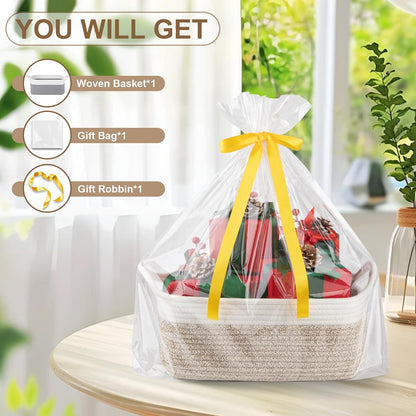 OIAHOMY Woven Basket, Gift Basket Empty with Gift Bags and Ribbons, Rope Baskets for Baby Showers, Storage Baskets with Handles for Nursery, Pet Toy Organizer - White