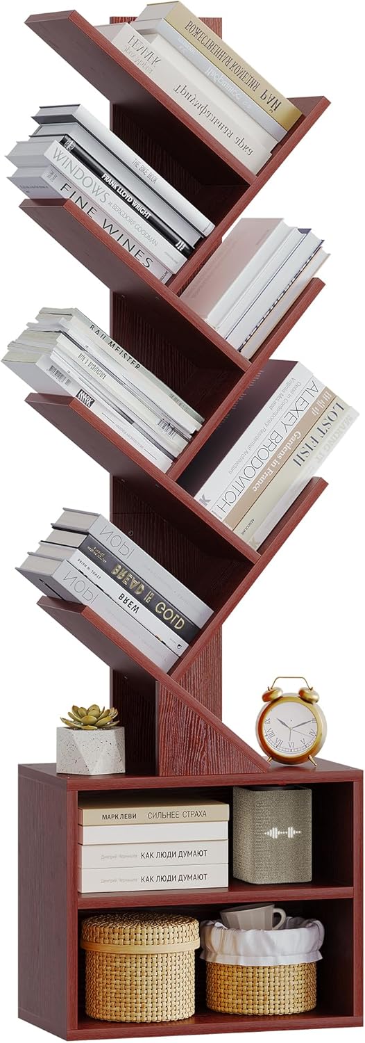 SUNMORY 6 Tier Tree Bookshelf, Small Bookcase with Storage Cabinet, Modern Tall Narrow Bookshelves Organizer, Floor Standing Book Shelf for Bedroom/Living Room/Home Office/Corner, Rustic Brown