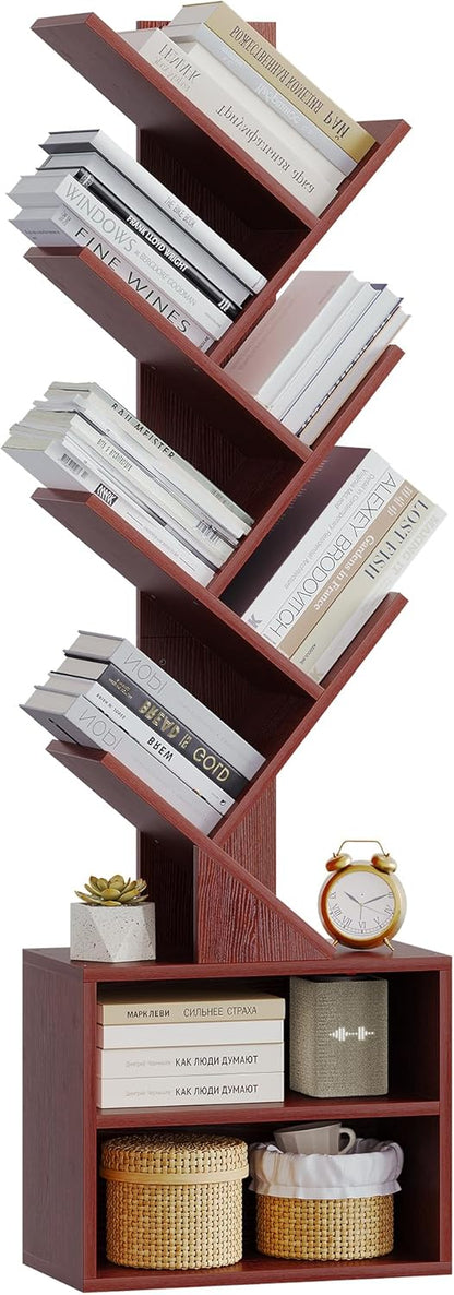 SUNMORY 6 Tier Tree Bookshelf, Small Bookcase with Storage Cabinet, Modern Tall Narrow Bookshelves Organizer, Floor Standing Book Shelf for Bedroom/Living Room/Home Office/Corner, Rustic Brown